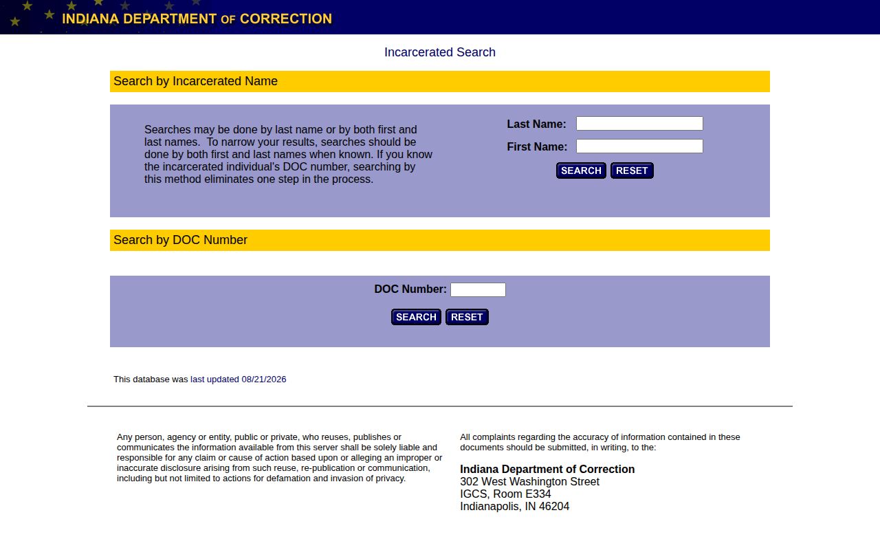 Indiana IDOC search for Hamilton County sentenced offender records and photos