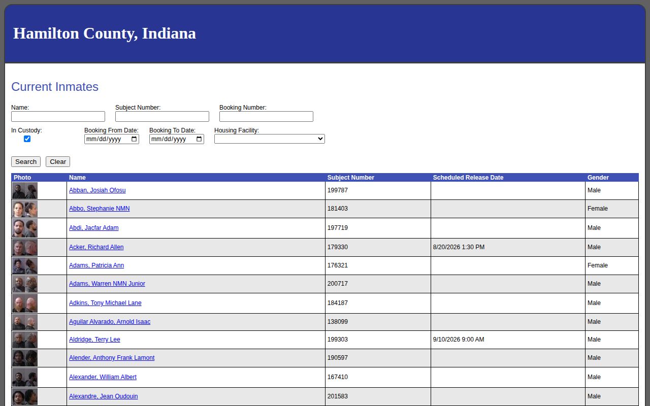 Hamilton County busted mugshot jail-roster search interface
